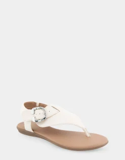 Comfortable Women's Buckle Detail Back Strap Thong Sandal in Eggnog Grainy Faux Leather