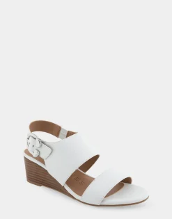 Comfortable Women's Buckle Back Mid Wedge Sandal in White Faux Leather