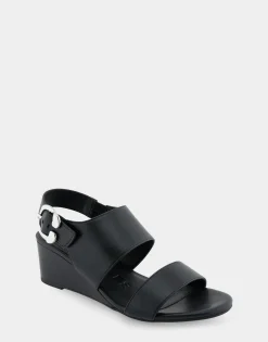 Comfortable Women's Buckle Back Mid Wedge Sandal in Black Faux Leather