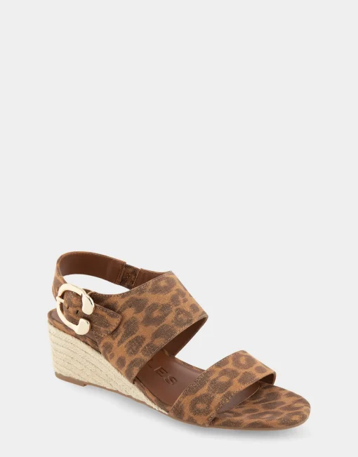 Comfortable Women's Buckle Back Mid Wedge Sandal in Leopard Metallic Faux Suede Faux Suede