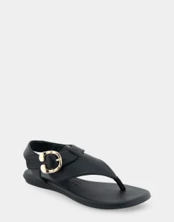 Comfortable Women's Buckle Detail Back Strap Thong Sandal in Black Grainy Faux Leather