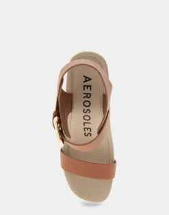 Comfortable Women's Buckled Footbed Wedge Sandal in Tan Leather