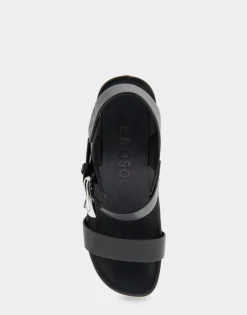 Comfortable Women's Buckled Footbed Wedge Sandal in Black Leather
