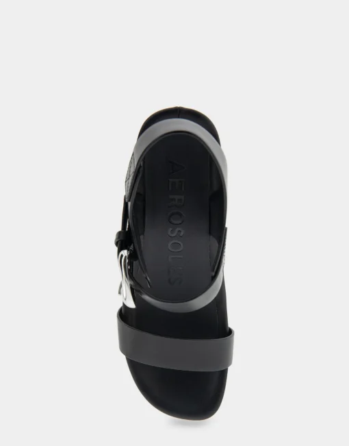 Comfortable Women's Buckled Footbed Wedge Sandal in Black Leather