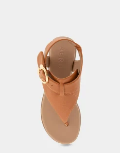 Comfortable Women's Buckle Detail Back Strap Thong Sandal in Tan Grainy Faux Leather