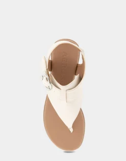 Comfortable Women's Buckle Detail Back Strap Thong Sandal in Eggnog Grainy Faux Leather