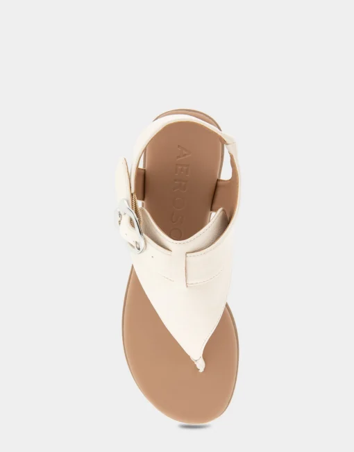 Comfortable Women's Buckle Detail Back Strap Thong Sandal in Eggnog Grainy Faux Leather
