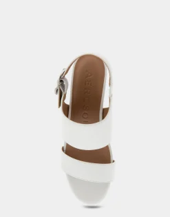 Comfortable Women's Buckle Back Mid Wedge Sandal in White Faux Leather