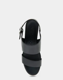 Comfortable Women's Buckle Back Mid Wedge Sandal in Black Faux Leather
