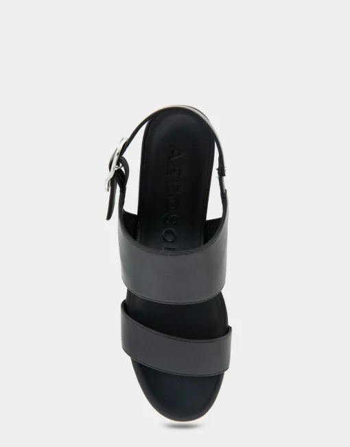 Comfortable Women's Buckle Back Mid Wedge Sandal in Black Faux Leather