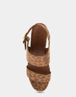 Comfortable Women's Buckle Back Mid Wedge Sandal in Leopard Metallic Faux Suede Faux Suede