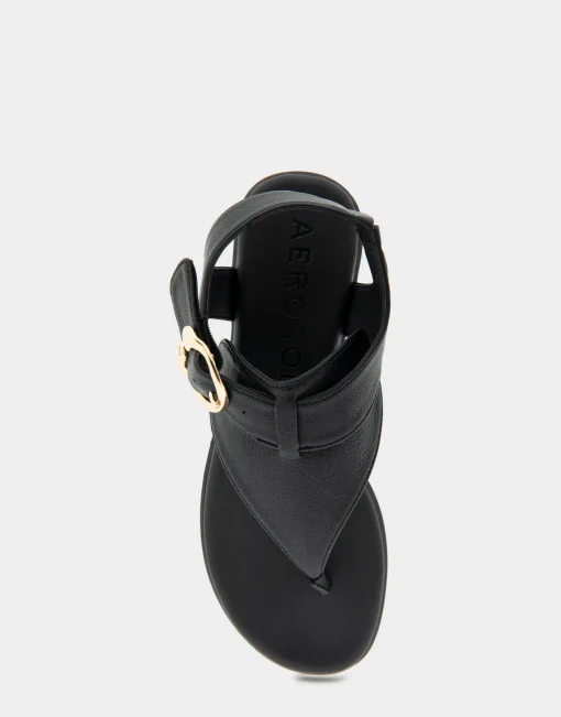 Comfortable Women's Buckle Detail Back Strap Thong Sandal in Black Grainy Faux Leather