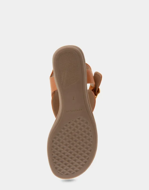 Comfortable Women's Buckle Detail Back Strap Thong Sandal in Tan Grainy Faux Leather