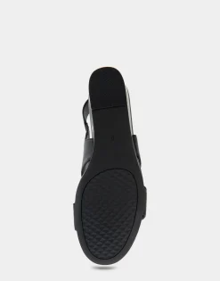 Comfortable Women's Buckle Back Mid Wedge Sandal in Black Faux Leather