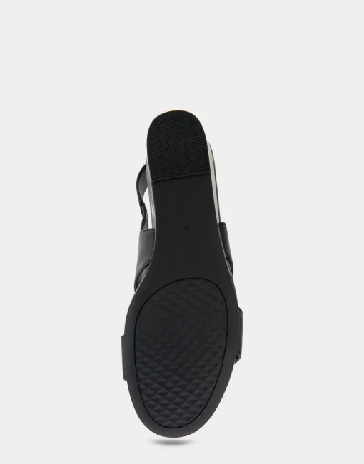 Comfortable Women's Buckle Back Mid Wedge Sandal in Black Faux Leather