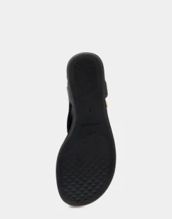 Comfortable Women's Buckle Detail Back Strap Thong Sandal in Black Grainy Faux Leather