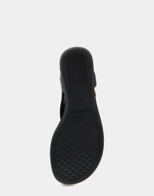 Comfortable Women's Buckle Detail Back Strap Thong Sandal in Black Grainy Faux Leather