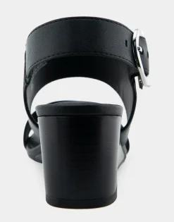Comfortable Women's Buckle Back Mid Wedge Sandal in Black Faux Leather
