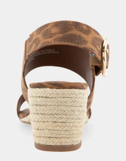 Comfortable Women's Buckle Back Mid Wedge Sandal in Leopard Metallic Faux Suede Faux Suede