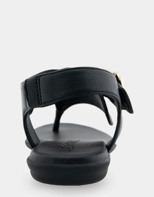 Comfortable Women's Buckle Detail Back Strap Thong Sandal in Black Grainy Faux Leather