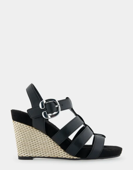 Comfortable Women's Caged Footbed Wedge Sandal in Black Faux Leather