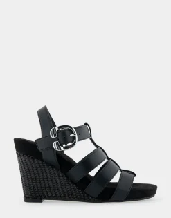 Comfortable Women's Caged Footbed Wedge Sandal in Black Faux Leather