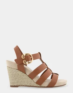 Comfortable Women's Caged Footbed Wedge Sandal in Tan Faux Leather