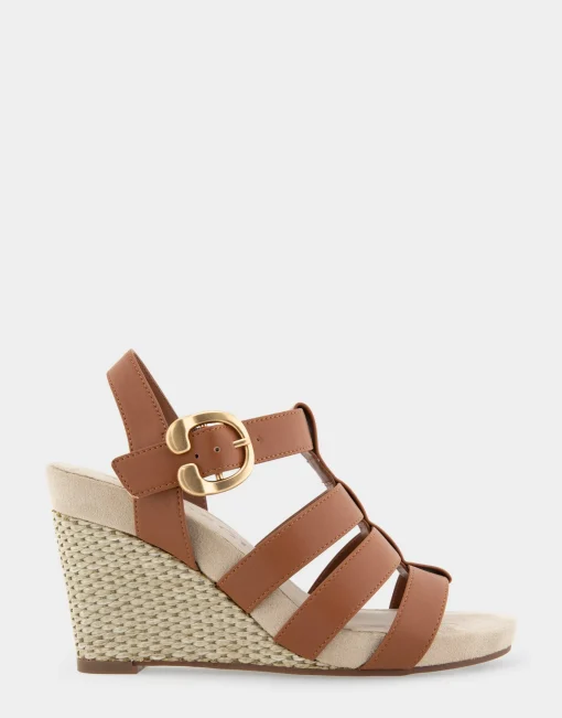 Comfortable Women's Caged Footbed Wedge Sandal in Tan Faux Leather