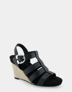 Comfortable Women's Caged Footbed Wedge Sandal in Black Faux Leather