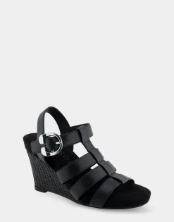 Comfortable Women's Caged Footbed Wedge Sandal in Black Faux Leather
