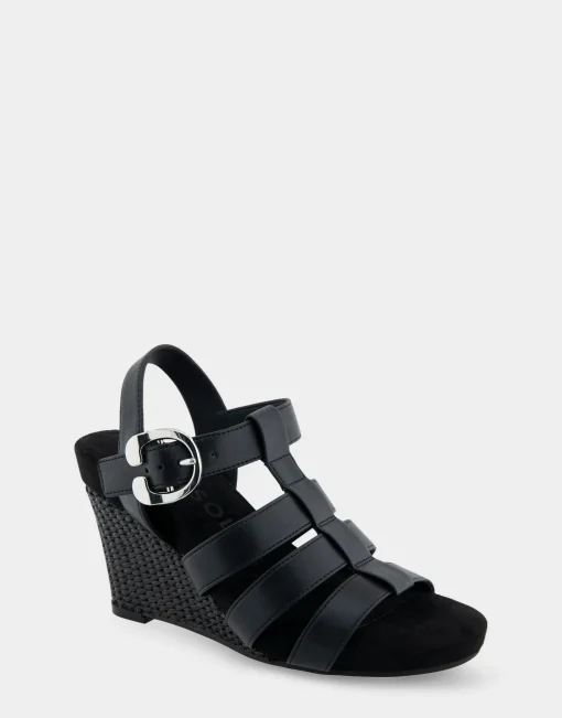 Comfortable Women's Caged Footbed Wedge Sandal in Black Faux Leather