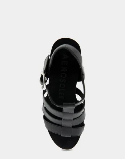 Comfortable Women's Caged Footbed Wedge Sandal in Black Faux Leather