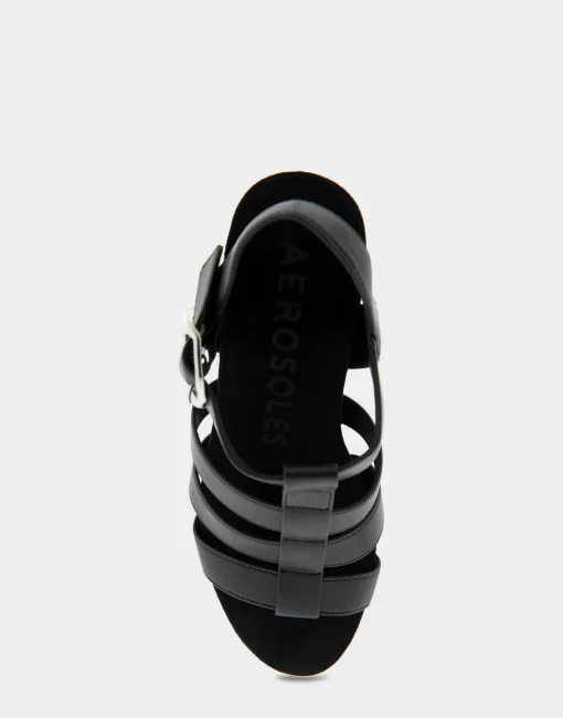 Comfortable Women's Caged Footbed Wedge Sandal in Black Faux Leather