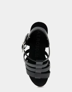 Comfortable Women's Caged Footbed Wedge Sandal in Black Faux Leather