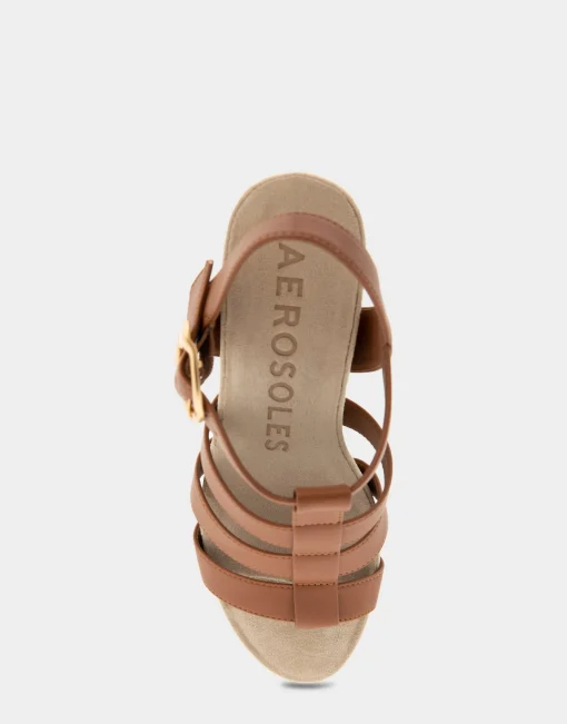 Comfortable Women's Caged Footbed Wedge Sandal in Tan Faux Leather