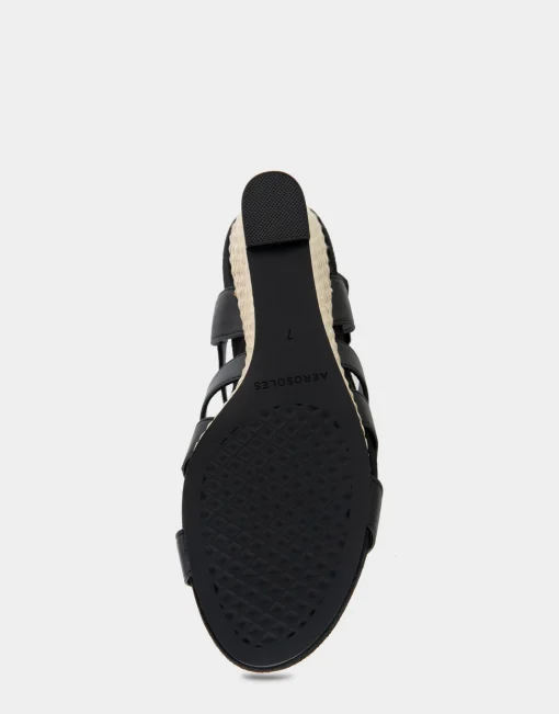 Comfortable Women's Caged Footbed Wedge Sandal in Black Faux Leather