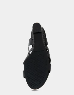 Comfortable Women's Caged Footbed Wedge Sandal in Black Faux Leather