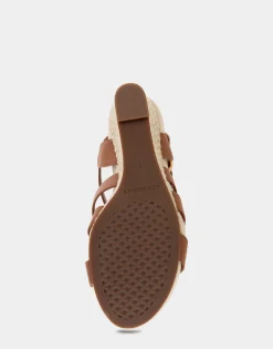 Comfortable Women's Caged Footbed Wedge Sandal in Tan Faux Leather