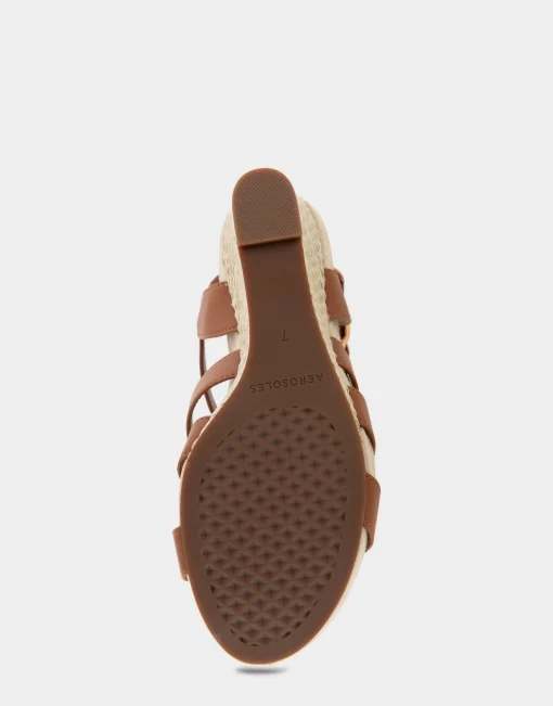 Comfortable Women's Caged Footbed Wedge Sandal in Tan Faux Leather