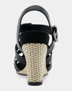 Comfortable Women's Caged Footbed Wedge Sandal in Black Faux Leather