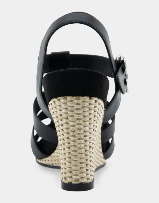 Comfortable Women's Caged Footbed Wedge Sandal in Black Faux Leather