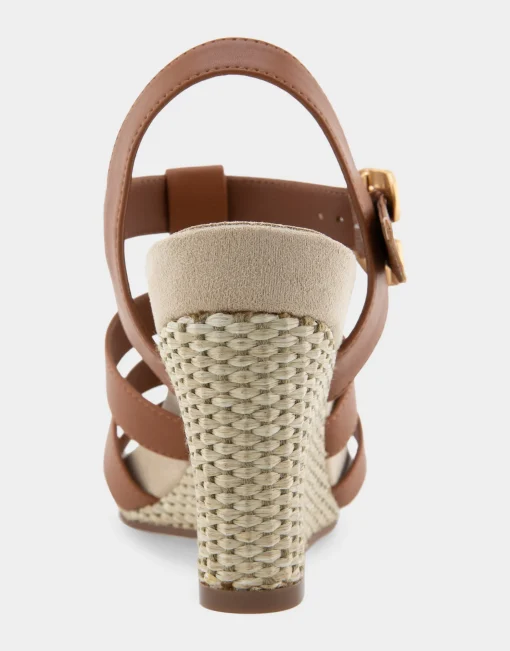 Comfortable Women's Caged Footbed Wedge Sandal in Tan Faux Leather