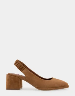 Comfortable Women's Covered Elastic Slingback Block Heel Pump in Tobacco Suede Suede