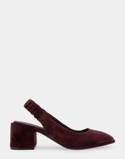 Comfortable Women's Covered Elastic Slingback Block Heel Pump in Deep Aubergine Suede Suede