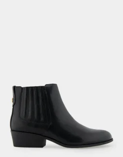 Comfortable Women's Covered Gore Western Ankle Bootie in Black Waxy Leather Leather