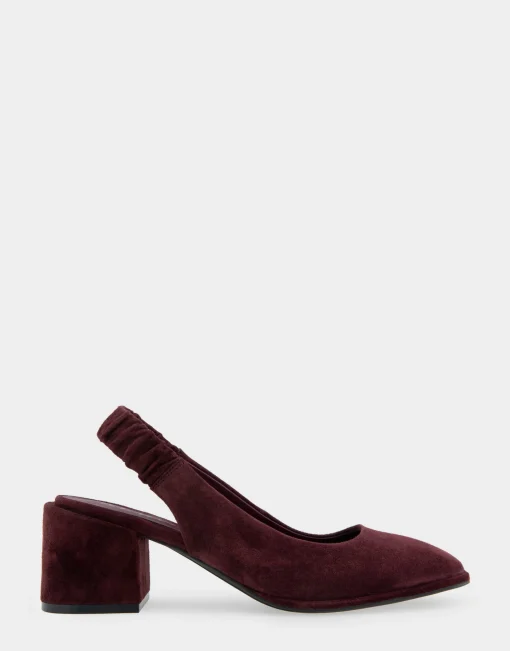Comfortable Women's Covered Elastic Slingback Block Heel Pump in Deep Aubergine Suede Suede