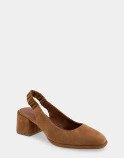 Comfortable Women's Covered Elastic Slingback Block Heel Pump in Tobacco Suede Suede