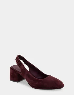 Comfortable Women's Covered Elastic Slingback Block Heel Pump in Deep Aubergine Suede Suede