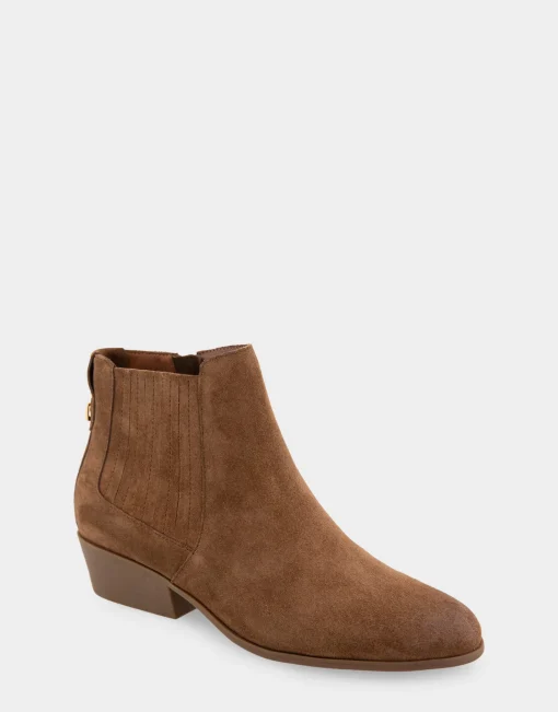 Comfortable Women's Covered Gore Western Ankle Bootie in Tobacco Suede