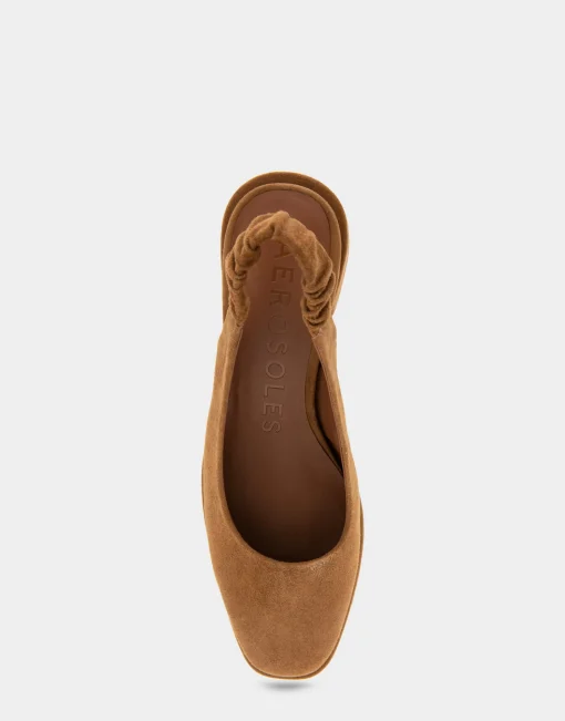Comfortable Women's Covered Elastic Slingback Block Heel Pump in Tobacco Suede Suede